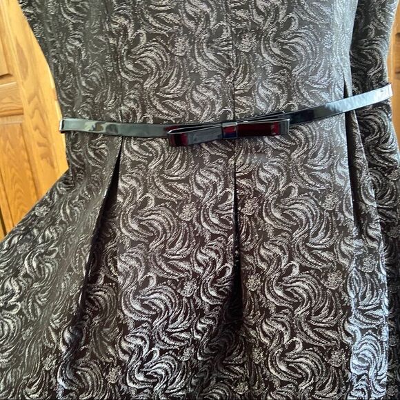 Black Label by Evan Picone Jacquard Grey Metallic Fit & Flare Sleeveless Dress - Picture 10 of 11